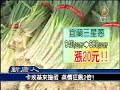 卡玫基颱風帶來的豪大雨，重創台灣中南部蔬菜產地，台北農產運銷公司，19號到貨量比昨天少了200公噸，每斤批發價上漲新台幣10到20元，比18號足足漲了7成，像是青江菜和小白菜，每公斤從15元漲到46元，漲了2倍！宜蘭三星蔥更喊到一斤60塊。卡玫基颱風剛走，菜價馬上漲了，帶頭漲的小白菜跟青江菜，1公斤從20元喊到46塊，漲2倍多！宜蘭三星蔥一斤來到60塊，比颱風前整整漲了20塊！限量200把的青菜一放上櫃，不到3分鐘迅速被搜括一空，量販店祭出抗漲，婆媽們可搶瘋了。還有一條6塊錢的玉米，10元一包的金針菇和一顆19元的包心菜。只是量販店說，中南部菜區受損太嚴重，抗漲青菜最多再撐3天，接下來也不排除反映成本，撿便宜只能趁現在了。新唐人亞太電視台北綜合報導其他推薦:2008新唐人電視台全球系列大賽(小提琴,聲樂,舞蹈,武術,鋼琴,漢服設計,油畫,廚技,攝影)http://competitions.ntdtv.com/視頻百科 拓展您的視野http://videopedia.us/b5/成都公安局對黃琦發出正式逮捕令http://www.cntv.us/zh/view/8873