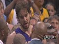 Danilo Gallinari flopped two times within a few plays against the Lakers. Once off of a Pau Gasol screen (pau is not a very physical player) and once trying to draw the charge when Kobe kicked it to Steve Blake. 
