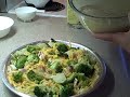 Music by: Jason Shaw www.youtube.com 1(9 oz)frozen broccoli cuts, thawed, drained (or 1 1/2 cup cooked brocoli) 1 1/2cups shredded Cheddar cheese 2cups cut-up cooked chicken 1medium onion, chopped (2/3 cup) 3/4cup Original Bisquick® mix 1 1/2 cup milk 1/2teaspoon salt 1/4teaspoon pepper 3eggs 1.Heat oven to 400°F. Spray 9-inch glass pie plate with cooking spray. Sprinkle broccoli, the cheese, the chicken and onion in pie plate. 2.In medium bowl, stir remaining ingredients with wire whisk or fork until blended. Pour into pie plate. 3.Bake 35 to 38 minutes or until knife inserted in center comes out clean. Let stand 5 minutes before serving. High Altitude (3500-6500 ft): Bake 35 to 40 minutes.