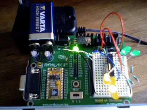 The Board of Education sends the DTMF signals for '1', '2' to '0' to the DTMF decoder. The results can be monitored by looking at the leds. The Board of Education sends the DTMF signals for '1', '2' to '0' to the DTMF decoder. The results can be monitored by looking at the leds.
