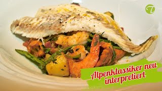 Tiroler Gr&ouml;schtl mit Pfifferlingen & Garnelen | Traditionelles Pfannengericht neu interpretiert 