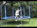 guy gets double bounce on trampolen and gets leg coat in rim