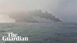 Footage shows oil tanker and cargo vessel on fire in North Sea Footage shows oil tanker and cargo vessel on fire in North Sea