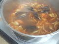 Broth Ingredients: 6½ Cups Water, 1 Dried Anchovy Pack (or 6 ~ 8 Dried Anchovies), 8 Kelp (2 X 2 Inch) Main Ingredients: 12 Jumbo Shrimp (or 15 Small Shrimp), ⅔ Cup Squid, 15 Mussels, ⅔ Cup Cabbage, 1 Onion, ⅓ Cup Carrot, 1 Handful Spinach, 9 Stone Ear Mushrooms (석이 버섯=SeoGi BuSut), 1 Green Hot Pepper  1 Red Hot Pepper, Thick Fresh (or Frozen) Noodles for JjamBbong Seasoning Ingredients: 4 Tbsp Hot Pepper Oil, ½ Tbsp Minced Garlic, 2 Tbsp Cooking Wine, 3 Tbsp Red Pepper Powder, 4 ...