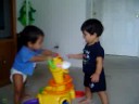 S & S playing with Giraffe