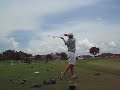Swing a 5iron in left hand, a six iron in right hand.  Keep both shafts even throughout swings.  Helps keep arms in front of body.  Builds great strength.