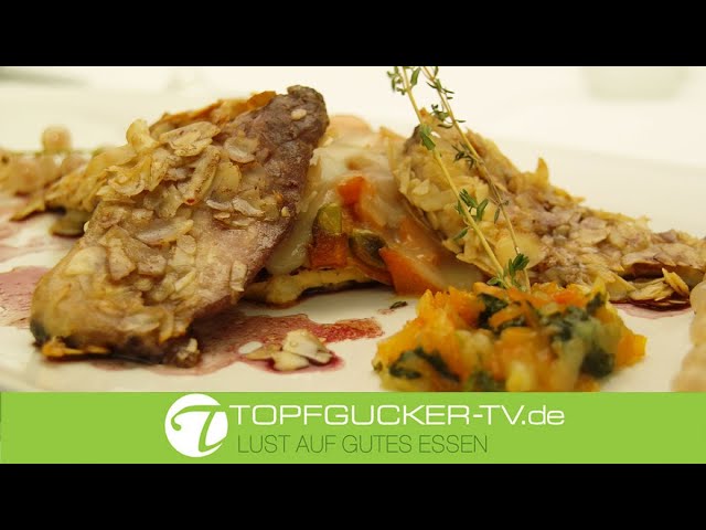 Marinierte Fasanenbrust in Mandelpanade mit Tomaten-Basilikum Marmelade an Millefogie