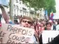 participants in an anti-american demonstration in paris on the eve of the 60th anniversary of the d-day landings in normandy (led by, among others, the lcr's olivier besancenot) are startled to see their march crashed by someone brandishing old glory along with a sign (saying 