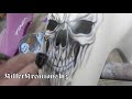 Black and white skull done on a fender for a bike. Real time was about a half hour. The picture at the end is of the tank for the bike. Check out our other videos and our website at killerkreations.biz
