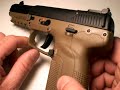 part 2 of 4:
nutnfancy's table-top review of this excellent fn sidearm.  all indicators point to the innovative fn five-seven pistol being an outstanding design.  it's the companion pistol to the fn ps/p90 carbine and serves many of its special purpose functions.  while more of a rifle caliber than a pistol one, it's advantageous to compare the design against a known and respected standard.  against the glock 17, the 5-7 stacks up very well indeed.  essentially it has the same incredible light weight, equal firepower, good trigger, good sights (adjustable too!), ruggedness, simplicity, reliability, accuracy, ergonomics, and it's quality-built.  but it uses the proprietary fn 5.7x28mm round which brings both good and bad news.  the good is it provides laser-like trajectories out to 100 yards, kevlar penetrating capabilities, amazing velocities (1700 fps for commercial loads), less recoil, and higher magazine capacities due to its small size.  the bad news is the ammo is hard to find, it's expensive (compared to pistol ammo), current brass doesn't reload well, and few other guns besides fns use it.  while i don't have trigger time behind either of them at this point, my anecdotal study shows the 5.7x28mm to be a decent manstopper (surprisingly).  but other downsides of the 57 is its high cost, wide grip, and limited accessories available at this time.  it all others ways i think the design is a hit and would serve well as both a special purpose and all-around full sized defensive (or offensive) handgun.  but honestly the jury is still in many ways on both the round and this design.  it will have to be proven over time, like the glock, preferably by adoption by le and military units for it to gain world acceptance and respect.  and for this design to survive, the 5.7x28mm load will have to become more common and popular with other manufacturers chambering for it as well.  sadly, i feel that without that type of support the round is doomed to a marketing failure. .                                            nutnfancy likeability scale:  7 out of 10