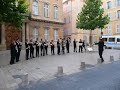 the brass section of the vu-orchestra from amsterdam playing the fanfare from la peri (paul dukas) in front of the cathedral of aix-en-provence, france, july 2007.