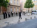 the brass section of the vu-orchestra from amsterdam playing the fanfare from la peri (paul dukas) in front of the cathedral of aix-en-provence, france, july 2007.