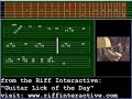 http://www.riffinteractive.com

our first lick is a classic blues-based rock phrase that pays homage to the chuck berry influence on early british blues-rockers.  highly appropriate for this time of year, this is a 'back to school' line that points to the blues and swing roots of rock `n' roll. our lick is in d and can be played over a d major or d7 chord.  it is situated in the 10th position 'blues box' and makes use of several familiar stylistic features. note the raked articulation which begins the lick and the unison slurred riff which propels the phrase along with a syncopated gait.  the lick concludes with a series of double stops in parallel thirds, another strong allusion to the berry style.  also noteworthy is the bluesy use of the minor third, f, and the minor seventh, c, in the phrase.  this lick was played on an arch-top electric guitar plugged into a vox ac-30 combo amplifier.  this setup was common in the early days of the british invasion. george harrison (gretsch country gentleman) of the beatles and both keith richard (harmony meteor) and brian jones (gretsch anniversary) of the rolling stones used similar equipment.  the mating of woody american hollow bodies with the throaty mid range of vox amps imparted a unique timbre to the borrowed and mutated blues-rock licks of the british invasion.
