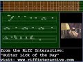 http://www.riffinteractive.com

our first lick is a classic blues-based rock phrase that pays homage to the chuck berry influence on early british blues-rockers.  highly appropriate for this time of year, this is a 'back to school' line that points to the blues and swing roots of rock `n' roll. our lick is in d and can be played over a d major or d7 chord.  it is situated in the 10th position 'blues box' and makes use of several familiar stylistic features. note the raked articulation which begins the lick and the unison slurred riff which propels the phrase along with a syncopated gait.  the lick concludes with a series of double stops in parallel thirds, another strong allusion to the berry style.  also noteworthy is the bluesy use of the minor third, f, and the minor seventh, c, in the phrase.  this lick was played on an arch-top electric guitar plugged into a vox ac-30 combo amplifier.  this setup was common in the early days of the british invasion. george harrison (gretsch country gentleman) of the beatles and both keith richard (harmony meteor) and brian jones (gretsch anniversary) of the rolling stones used similar equipment.  the mating of woody american hollow bodies with the throaty mid range of vox amps imparted a unique timbre to the borrowed and mutated blues-rock licks of the british invasion.
