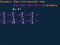 This lesson shows how to divide a polynomial by a binomial using both long division and synthetic division. The lesson also discusses the Remainder Theorem and shows how to use it to find remainders in algebraic divisions. This is the conclusion of a three part lesson. This video was created for the MHF4U Advanced Functions course in the province of Ontario, Canada.