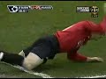 Rooney dives and doesn't get the penalty; minutes later he makes a hotheaded lunge and receives a yellow card (should have been a red card). Pay attention at Alex Ferguson's reaction.