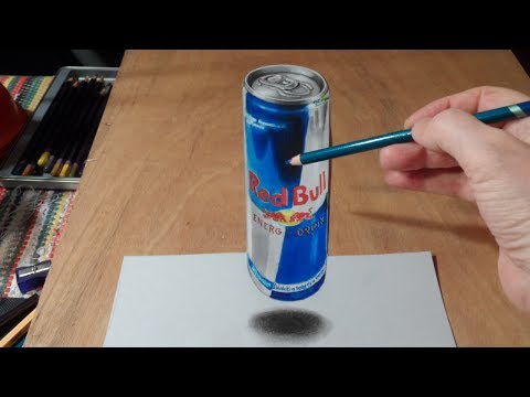 Anamorphic Illusion, Drawing  3D Levitating Red Bull Can
