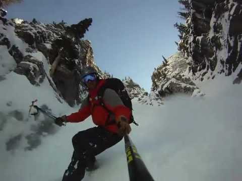 Snowboard down some powdery chutes Thumbnail of Video