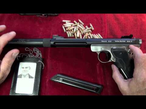 Ruger - Showing and shooting The Tactical Solutions Ruger Mk III .22LR pistol at night with a suppressor and laser at The Hoffman Compound in another Shoot-A-Matic e...
