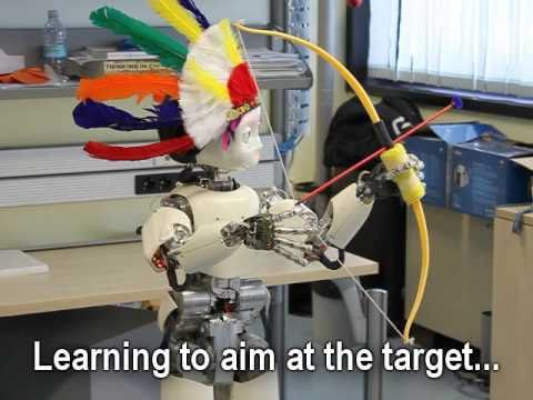 After being instructed how to hold the bow and release the arrow, the robot learns by itself to aim and shoot arrows at the target. The learning algorithm is called ARCHER (Augmented Reward Chained Regression).