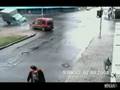 CAR ACCIDENT ON CROSS-WAY!! CAR CLIPS SPEEDING TRUCK!!