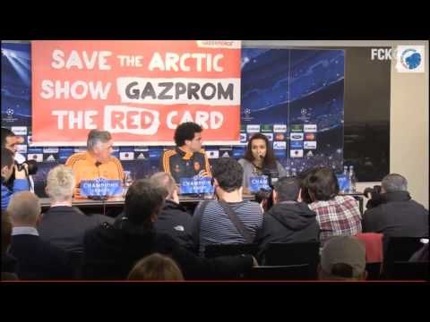 press - http://savethearctic.org Greenpeace show Gazprom the red card at a Real Madrid press conference in Copenhagen, Denmark. The Russian oil giant wants to risk t...