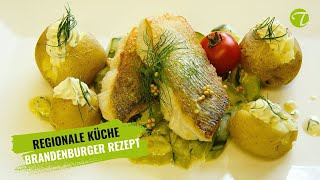 Zander auf knuspriger Haut mit cremigen Dillgurken und Ofenkartoffeln
