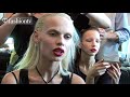 www.FTV.com LONDON - FashionTV is backstage at the Julien Macdonald show where models are getting a light dusting of pink blush on their cheeks, bleached brows and hair painted and slicked back for a cool, but pretty look. We say hello to model Milly Simmonds, who is from the English countryside...