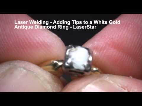 <h3>Laser Welding - Tipping an Antique Ring </h3>In this laser welding video, the laser welding operator is adding tips to a white gold antique diamond ring. This laser welding repair is one of many common jewelry repair welding applications that can be done with an iWeld laser welding system.<br><br>