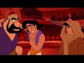 fandub-ready scene script: aladdin: okay, abu. go! proprietor: try this, your taste buds will dance and sing. hey, get your paws off that. abu: blah blah blah! proprietor: why, you! get away from here, you filthy ape! abu: bye bye! aladdin: nice goin' abu. breakfast is served. shopkeeper 1: pretty lady, buy a pot. no finer pot in brass or silver. shopkeeper 2: sugar dates, sugar dates and figs! sugar dates and pistachios! shopkeeper 3: would the lady like a necklace. a pretty necklace for a pretty lady. shopkeeper 4: fresh fish! we catch 'em, you buy 'em! jasmine: i don't think so. (she backs away, but bumps into a fire eater, who is startled into swallowing his fire.) oh, excuse me. (he gulps, then belches fire from his mouth. jasmine is disgusted. he is pleased and taps his stomach. aladdin sees her, and a strange look comes over his face.) i'm really very sorry. aladdin: (he's obviously deeply in love with her.) wow! abu: uh oh. hello? hello? jasmine: oh, you must be hungry. here you go. (the boy runs off.) proprietor: you'd better be able to pay for that. jasmine: (mystified) pay? proprietor: no one steals from my cart! jasmine: oh, i'm sorry sir. i don't have any money. proprietor: thief! jasmine: please, if you let me go to the palace, i can get some from the sultan. proprietor: do you know what the penalty is for stealing? jasmine: no, no please! aladdin: thank you kind sir. i'm so glad you've found her. i've been looking all over for you. jasmine: (whispering  ... 