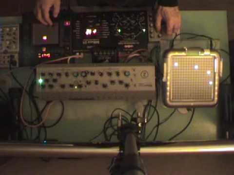 mbase01 - Analog triggering of Jomox MBase 01 w/ Sherman Filterbank 2, Jomox M-Resonator + manipulations via Korg Kaoss Pad KP3, Benfox Psycho Generator and TENORI-ON....