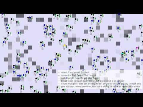 Life Simulation - My continued work on evolving crazy hunting communicating things! :) - Bots can specialize in processing plant food or meat, and can therefore become carnivo...
