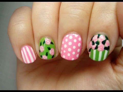 Diseño de uñas romático primavera: rosas & hojas / Romantic spring nail art design: roses & leaves