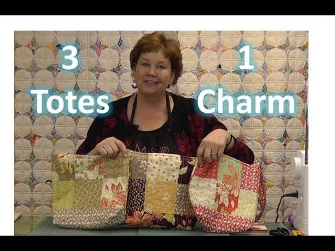 purses - http://missouriquiltco.com -- Jenny Doan demonstrates how nifty charm packs are by making three tote bags / purse out of a single charm pack! To see the larg...