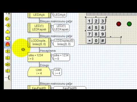 Flowcode v4 - PIC 16F877A mikrodenetleyicisi için FLOWCODE v4 programı kullanılarak 1 Adet 2x16 LCD, 1 adet Tuş Takımı, 2 adet LED kullanarak Şifreli Kapı Kilidi yapılmıştır.