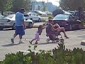 lazy mother in stroller while toddler pushes in 95 degr