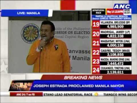 manila - Mayor-elect Joseph Estrada and his runningmate Isko Moreno were formally proclaimed by city board of canvassers in Manila. Dateline Philippines, May 14, 2013.