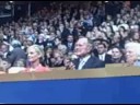 president george hw bush, barbara bush, and cindy mccain listen to laura bush at the republican national convention.