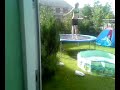 Jazz jumps off a trampoline into a foamy paddling pool.