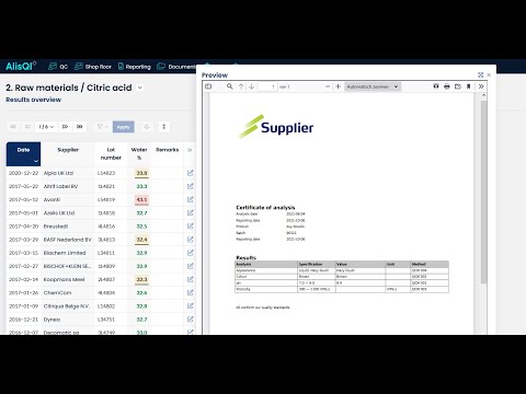 Watch 'Supplier COA upload - AlisQI Quality Management Software'