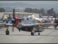 this is a video of four p-47 thunderbolts taxiing at the 2005 planes of fame airshow at chino, california.  now this is what i call rolling american thunder!  this airshow featured five thunderbolts taking to the air.  the fifth thunderbolt (the planes of fame's own p-47g) is visible parked on the left at the end of the video.  steve hinton flew the p-47g in an aerobatic display and also filled in between the other flying sequences, so this p-47 is not shown taxiing in the video. actually, six thunderbolts were present at the show.  the sixth jug was the yanks air museum's (also based at chino) yp-47m.  however, the yp-47m did not fly.

this was one of the very first videos i took with my first video camera, a tiny sony, so please take it easy on me :).  the flying sequences didn't turn out so well so i didn't include them but i felt that the sight of these four monsters taxiing should be presented for others to enjoy!  this was truly a sight to behold.

if you'd like, please also check out my other youtube warbird videos.

thanks!
- octane130 -