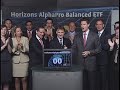 Ken McCord, President, Horizons AlphaPro Exchange Traded Funds, Chris Guthrie, President & CEO and Harry Marmer, Executive Vice President, Hillsdale Investment Management Inc.,joined Robert Fotheringham, Senior Vice President, Trading TMX Group to open the market to launch Horizons AlphaPro Balanced ETF (HAA). AlphaPro Management Inc. is a subsidiary of Jovian Capital Corporation and manages approximately $2.3 billion amongst 58 ETFs and 2 funds. Horizons ETFs is the largest ETF provider on Toronto Stock Exchange by number of ETFs. For more information on Horizons AlphaPro ETFs please visit www.hapetfs.com