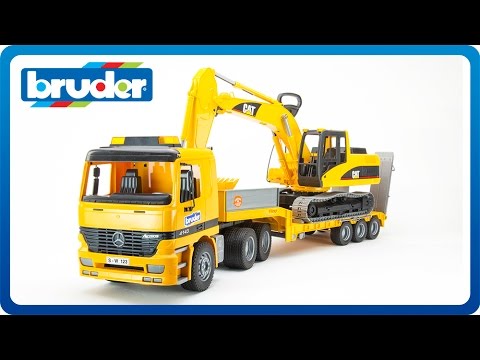 bruder flatbed truck with bulldozer yellow