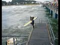 After a thunderstorm the Baltic Sea had very high waves. See what happened on the beach.....Am Abend zuvor war ein Gewitter noerdlich von Binz Richtung Ostsee vorbeigezogen. Wie wir spaeter erfuehren ist waehrend des Gewitters bei den Ralswieker-Festspielen eine Kogge gekentert. Am naechsten Morgen kam der Sturm von See zurueck. Er peitschte den Regen so heftig um unser Gebaeude herum, dass eine Nebelfront entstand, die uns die Sicht auf die gegenueberliegende Strassenseite versperrte. Nach dem Fruehstueck hatte es aufgehoert zu regnen und wir sind losgezogen, um uns das Naturschauspiel anzusehen. Der Wind blies kraeftig von See her und peitschte das Wasser auf den Strand. Die Strandkorbbesitzer hatten vorsorglich die Koerbe aus den vorderen Reihen weiter nach hinten gestellt. Aber nicht alle! Diesen stehen gelassenen Strandkorb umspuelen jetzt die Wellen.Ein Stueckchen weiter versucht ein Schiffer verzweifelt sein Motorboot mit dem Van an den Strand zu ziehen. Das Boot lag urspruenglich an einer Boje im Meer. Der Sturm hatte es an den Strand gespuelt. Bei den Bergungsversuchen ist erst das Seil und spaeter der Haken vom Fahrzeug abgerissen. Ein Trecker hat dann das Boot auf den Strand gezogen.Wie hoch sind die Wellen? Es ist schwer abzuschaetzen, aber an der Seebruecke koennen wir uns eine Vorstellung von der Hoehe des Wellenganges machen. Die hoechsten Wellen schlagen unter die Podeste der Schiffsanleger und die Gischt spritzt durch die Gitterroste. Wer nicht aufpasst wird nass.Ganz Mutige nutzen die Gunst der Stunde und springen mit ihrem Surfbrett von der Seebruecke in die tosende See. Sie wollen Wellenreiten. Fuer ein paar Minuten gelingt das auch und nach mehrmaligen Anlaeufen erreichen sie dann endlich auch den Strand.Die Seemoewen ziehen es bei diesem Sturm vor, an Land zu bleiben. Sie beobachten das Treiben auf dem Meer und warten auf die kleinen Meerestiere, die von der Brandung an Land gespuelt werden. Auch ein Schuh gehoert dazu.,Zwei Tage spaeter hatte die Sonne die Wolken wieder vertrieben und das Leben auf dem Strand erwachte wieder. Die Wellen luden zum Baden ein, das war fast so wie damals vor dreissig Jahren in Daenemark an der Nordsee. Ach war das herrlich !!!!