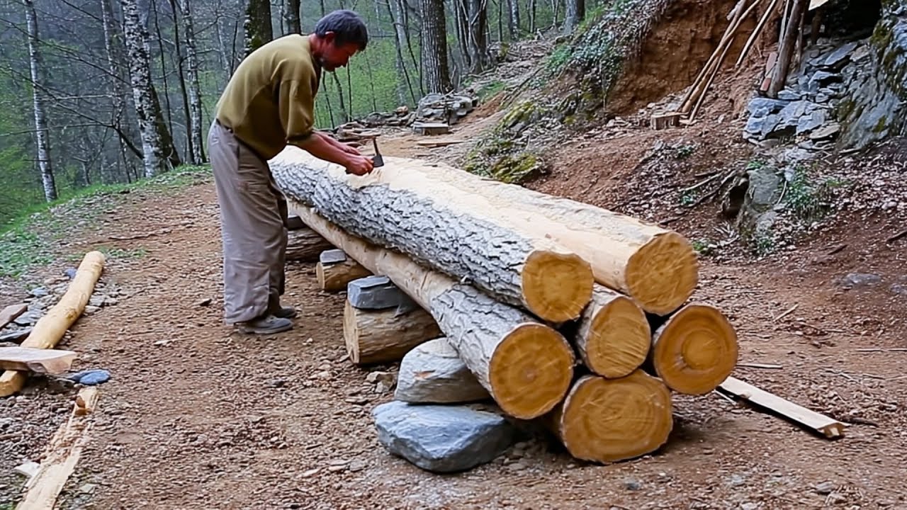 Man Builds Off Grid Cabin STONES And LOGS In The Forest | Start To Finish By @LesnoySpeed