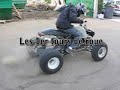 Quad fabriqué maison montage superquadeur et homoloqué route, il comptabilise 400 heures de travail,avec pour performances 160 Km/h en pointe avec 60 Cv.Boitier CDI Ducati PerformanceOptique avant Yamaha R1Optique arrière Ducati 999Freinage Banshee double pistons avec répartiteur de freinage.Moteur de 600 Monstro CarburateurEchappement double sortie TermignoniCarénage avant fabriqué en fibre de verre, ailes avant en aluminium, ailes arrières en polycarbonate thermoformé.Paru dans le magasine Le Monde Du QuadPièces neuves de chez Espace Moto 76 (Gruchet le valasse)