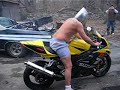 Chubby drunk guy does a burnout on a GSXR in his undies
