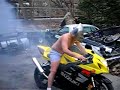 Chubby drunk guy does a burnout on a GSXR in his undies