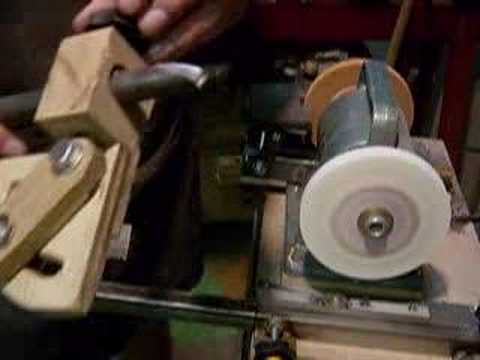 gouge - Using homemade jigs to sharpen a bowl gouge for wood turning.