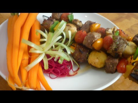 Grilled Beef Kebobs with Steamed Baby Carrots